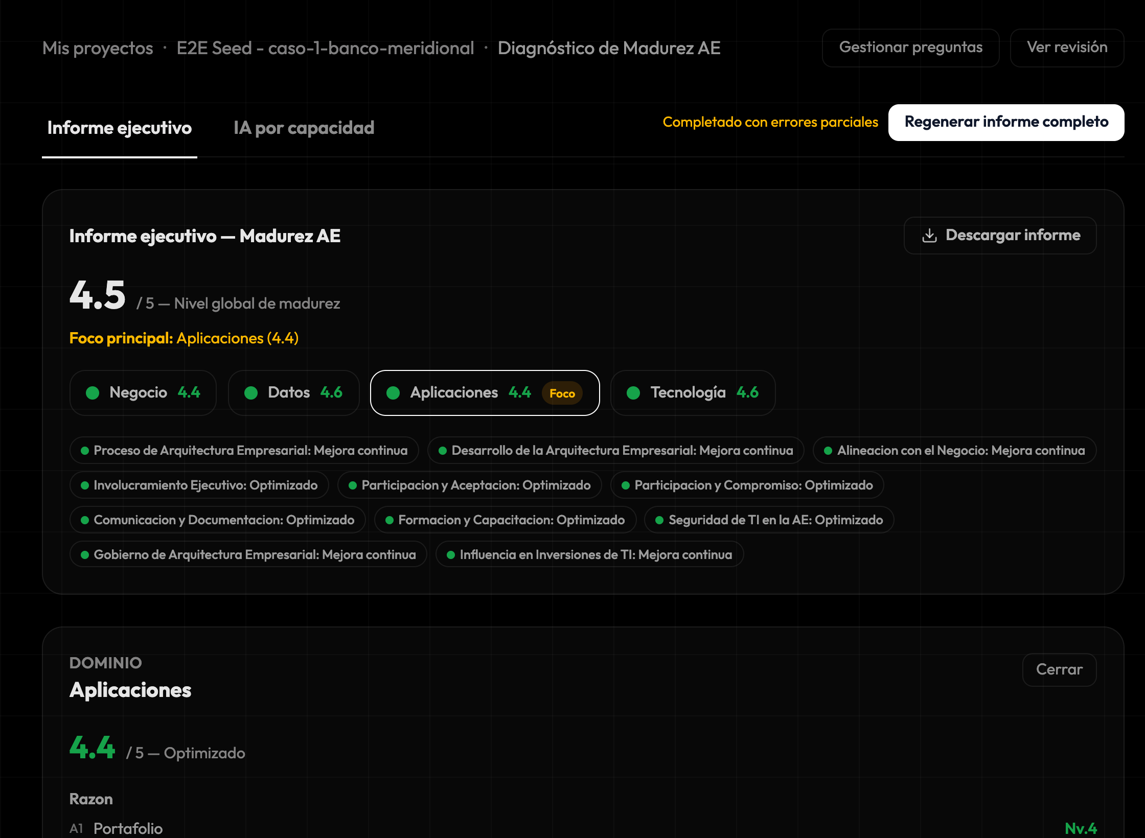Resumen con opción para descargar el informe