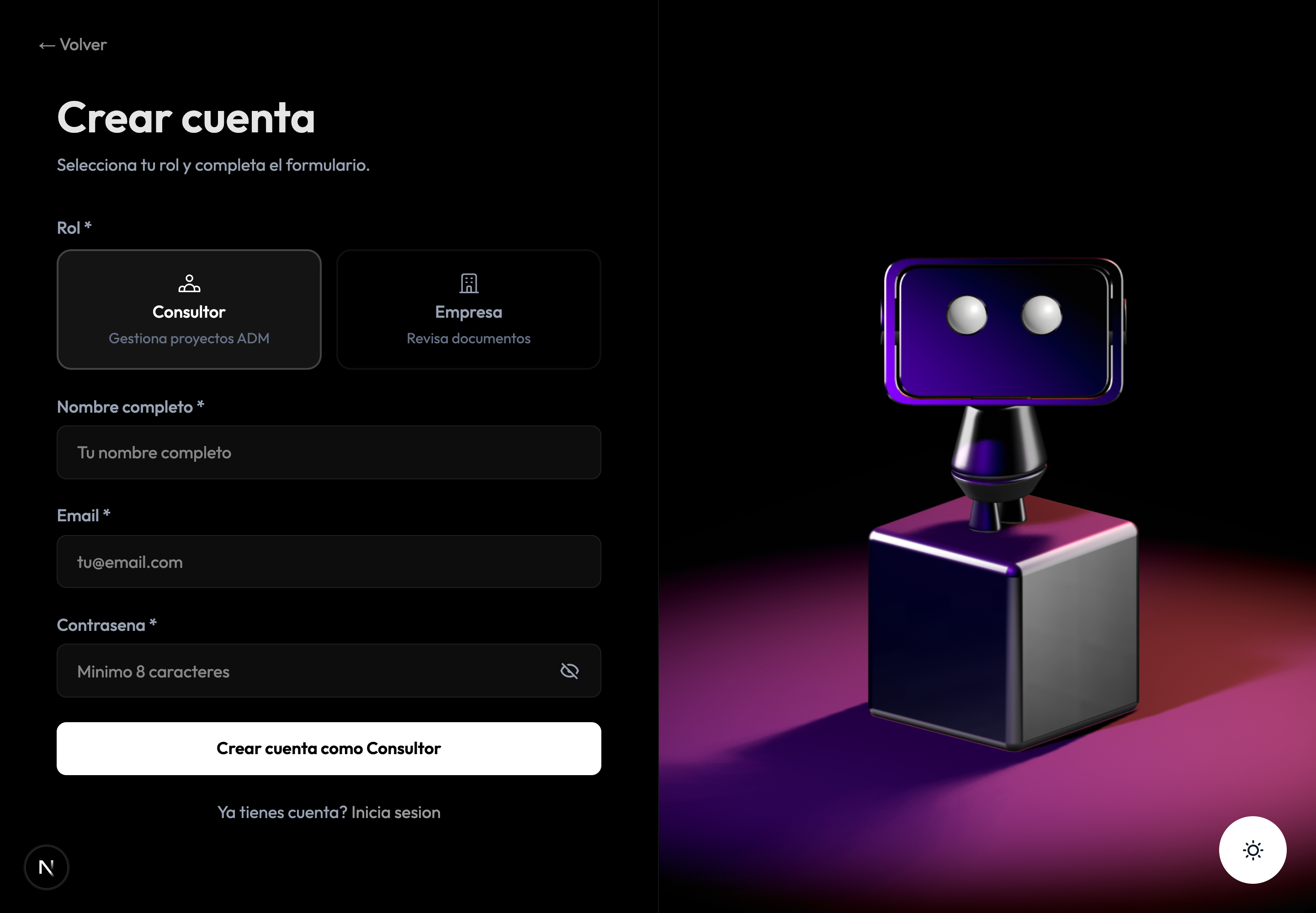 Formulario de registro de una cuenta de Consultor